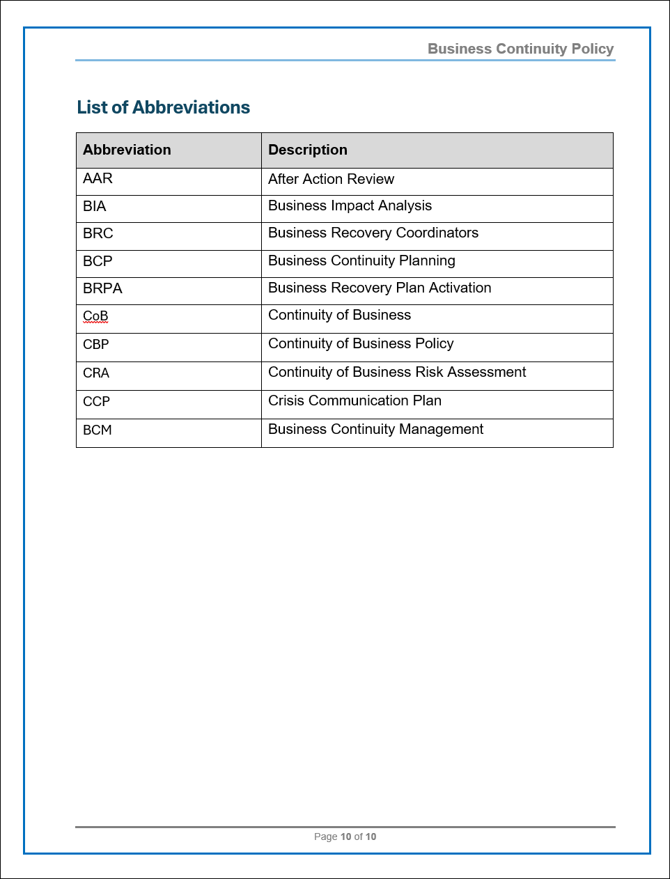 DSS04 - Business Continuity Policy Template