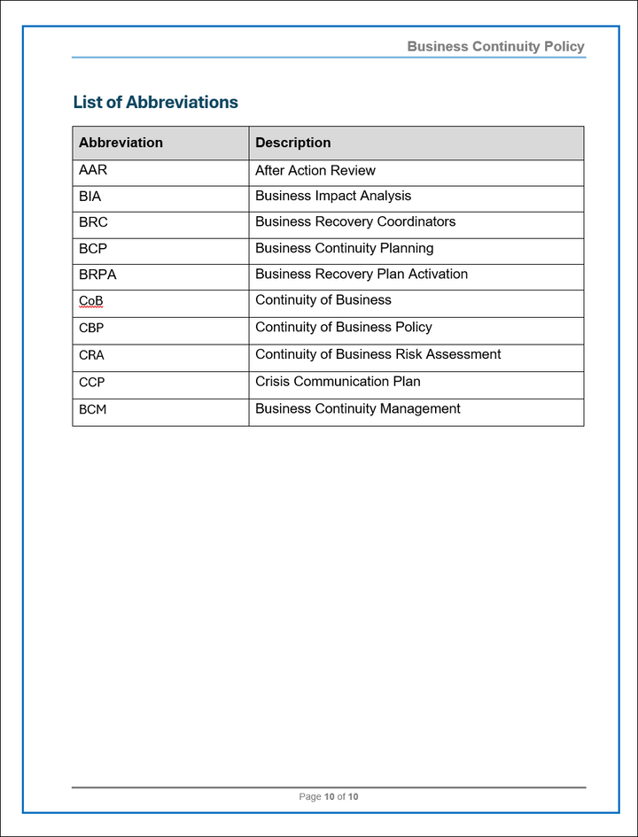 DSS04 - Business Continuity Policy Template