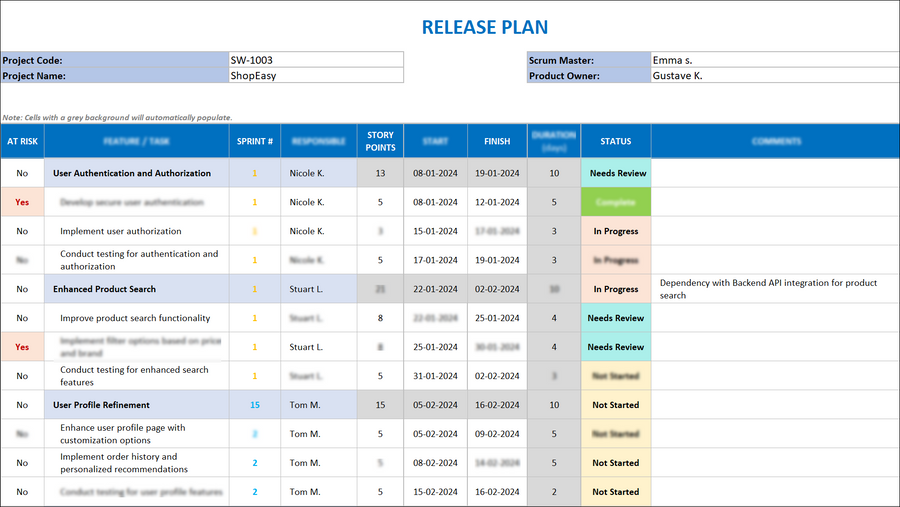 Release Plan Excel Template