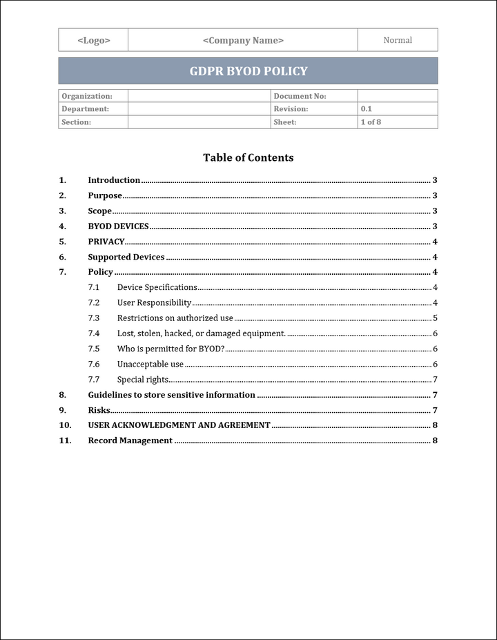 GDPR Bring Your Own Device(BYOD) Policy Template