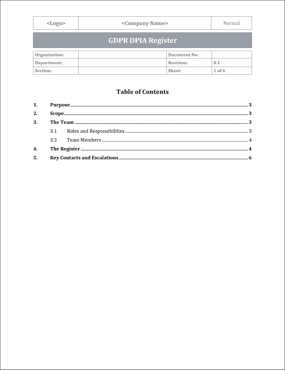 GDPR DPIA Register Template