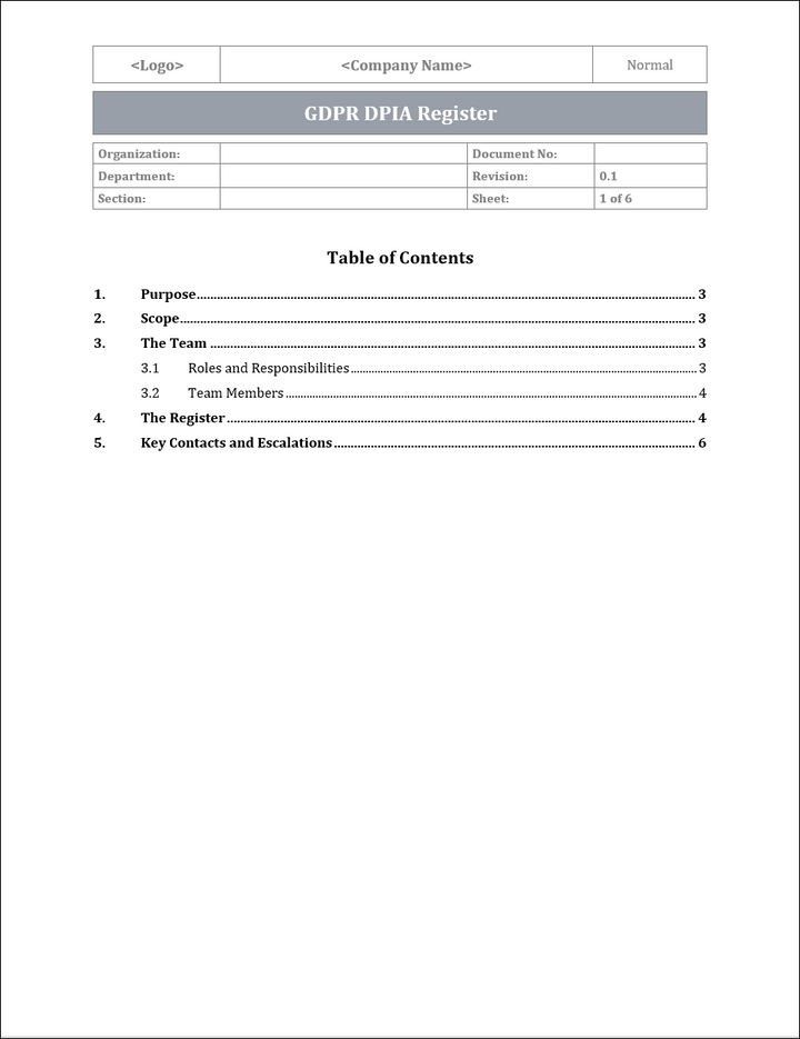 GDPR DPIA Register Template