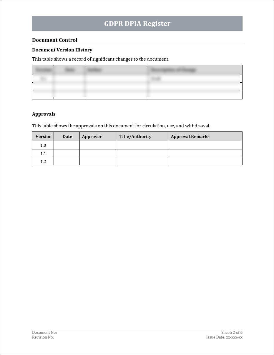 GDPR DPIA Register Template