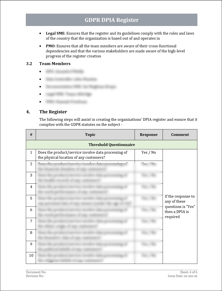 GDPR DPIA Register Template