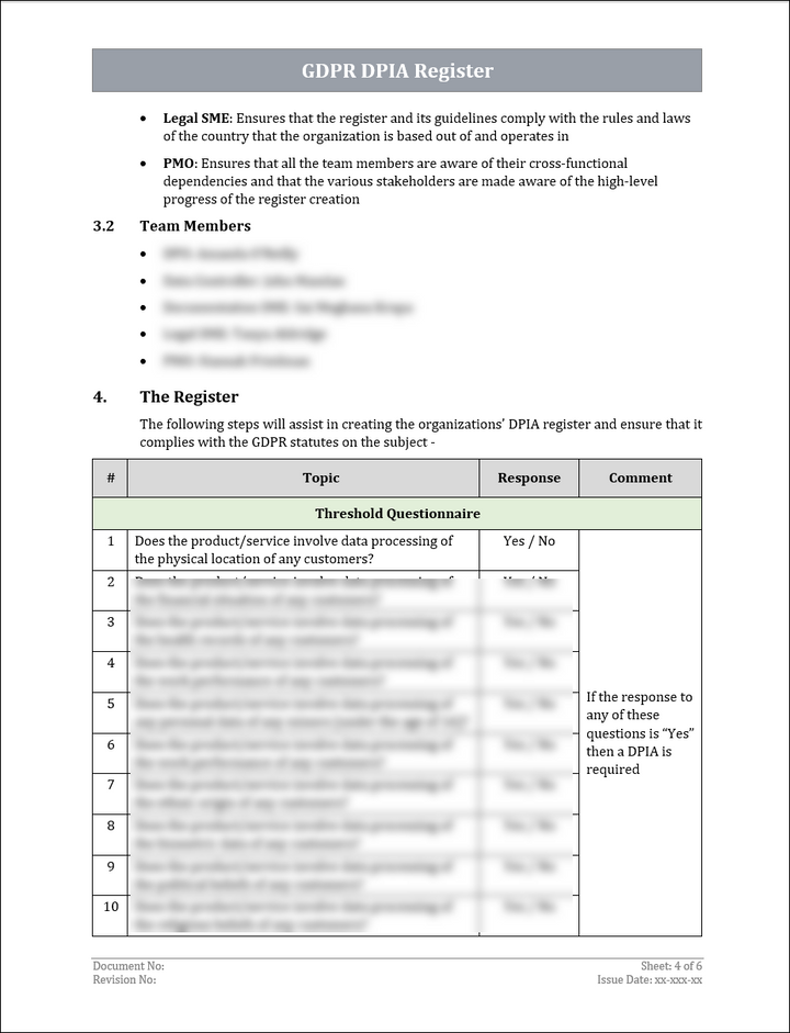 GDPR DPIA Register Template