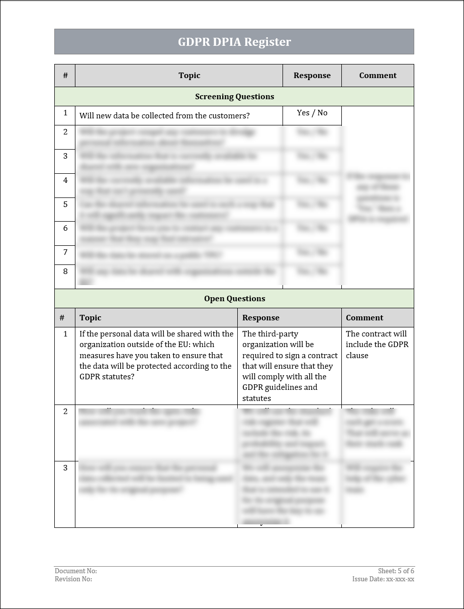 GDPR DPIA Register Template