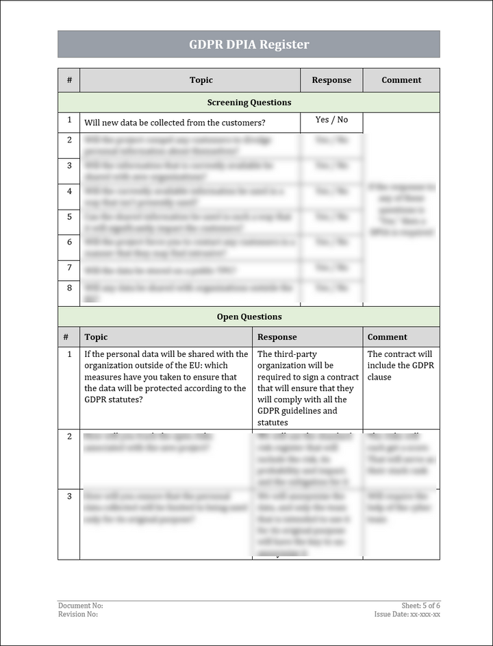 GDPR DPIA Register Template