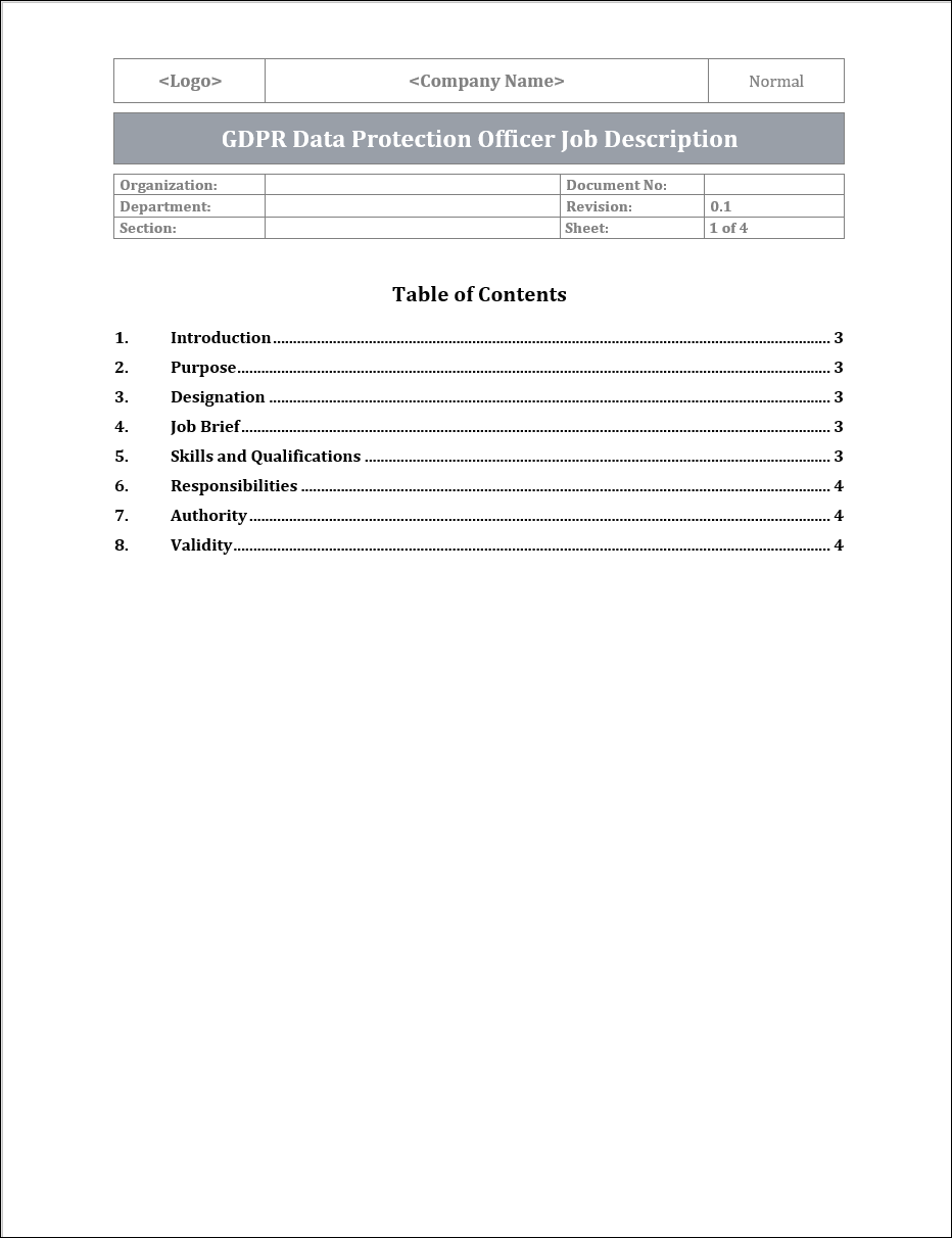 GDPR Data Protection Officer Job Description Template