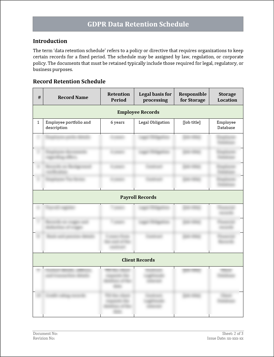 GDPR Data Retention Schedule Template