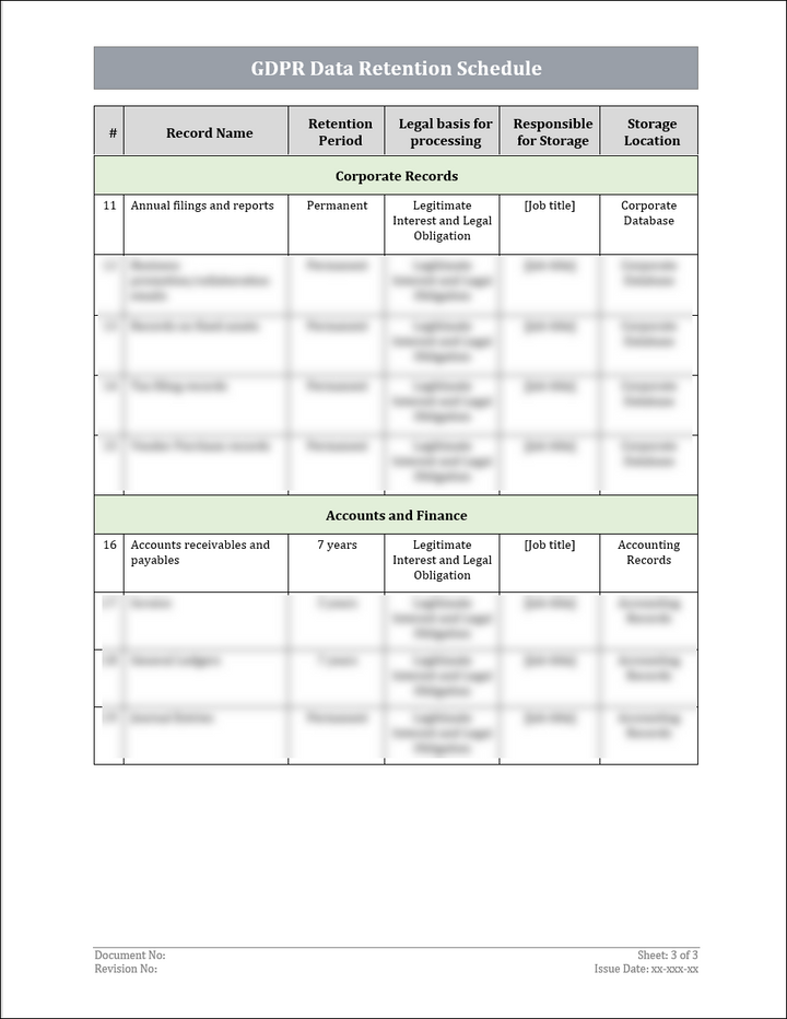 GDPR Data Retention Schedule Template