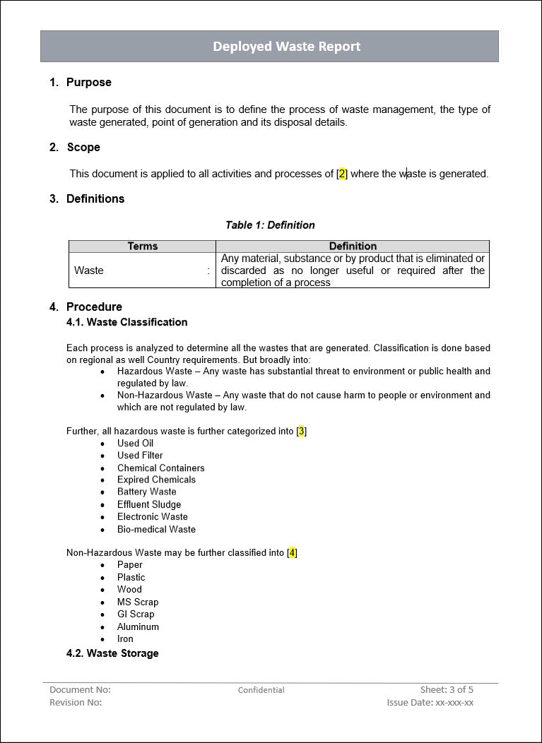 Deployed waste report, waste report