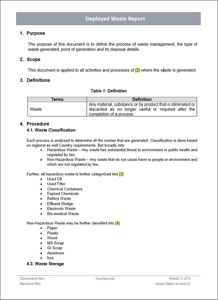 Deployed waste report, waste report