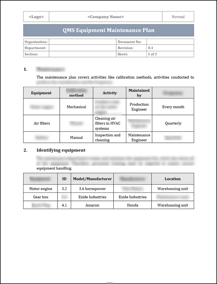 ISO 9001: QMS Equipment Maintenance Plan