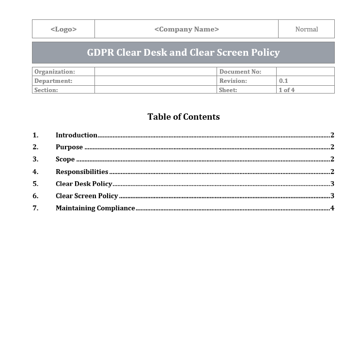 GDPR Clear Desk and Clear Screen Policy Template, MS word