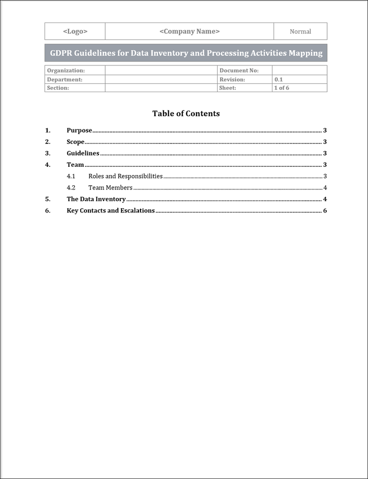 GDPR Guidelines for Data Inventory and Processing Activities Mapping Template