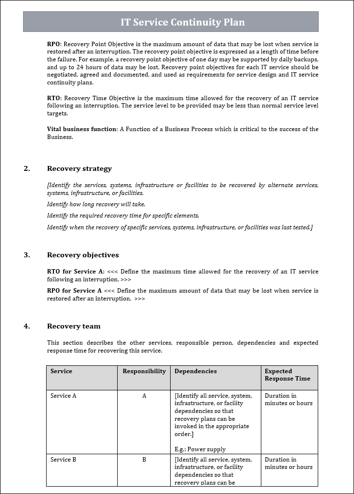 IT Service Continuity Plan, Service Continuity Plan