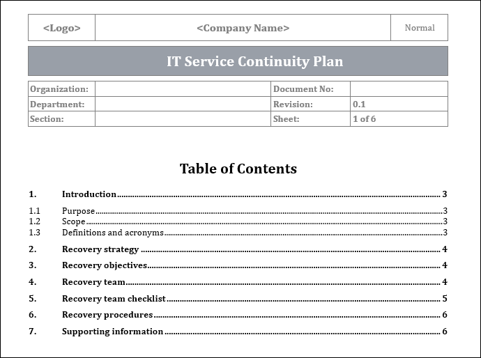 IT Service Continuity Plan, Service Continuity Plan