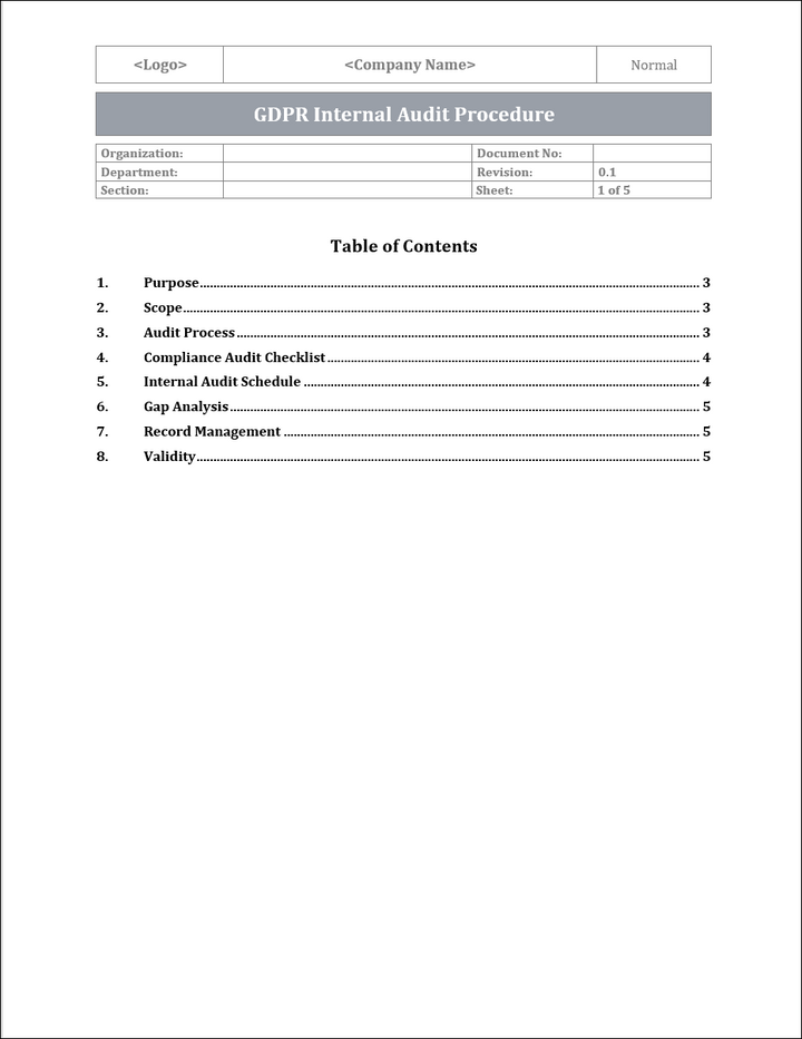 GDPR Internal Audit Procedure Template