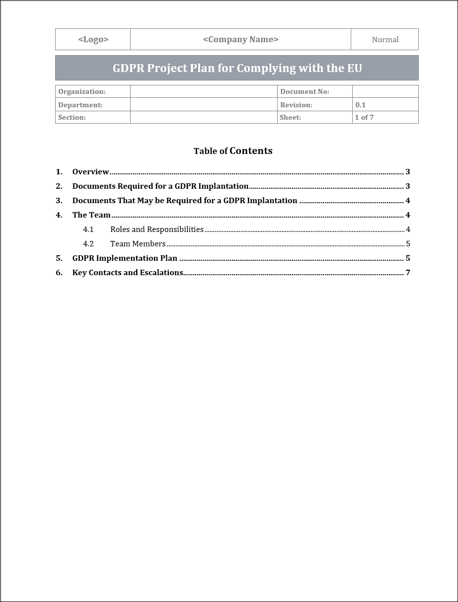 GDPR Project Plan Template