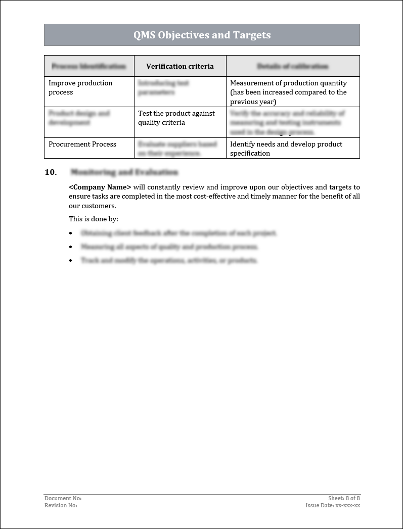 ISO 9001:QMS Objectives and Targets Template
