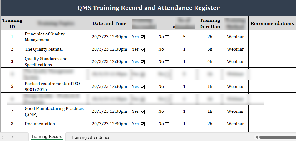 ISO 9001 Training Record And Attendance Register Template