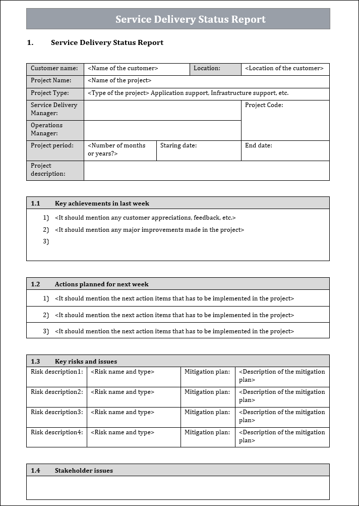 Service Delivery Status Report, Service Delivery