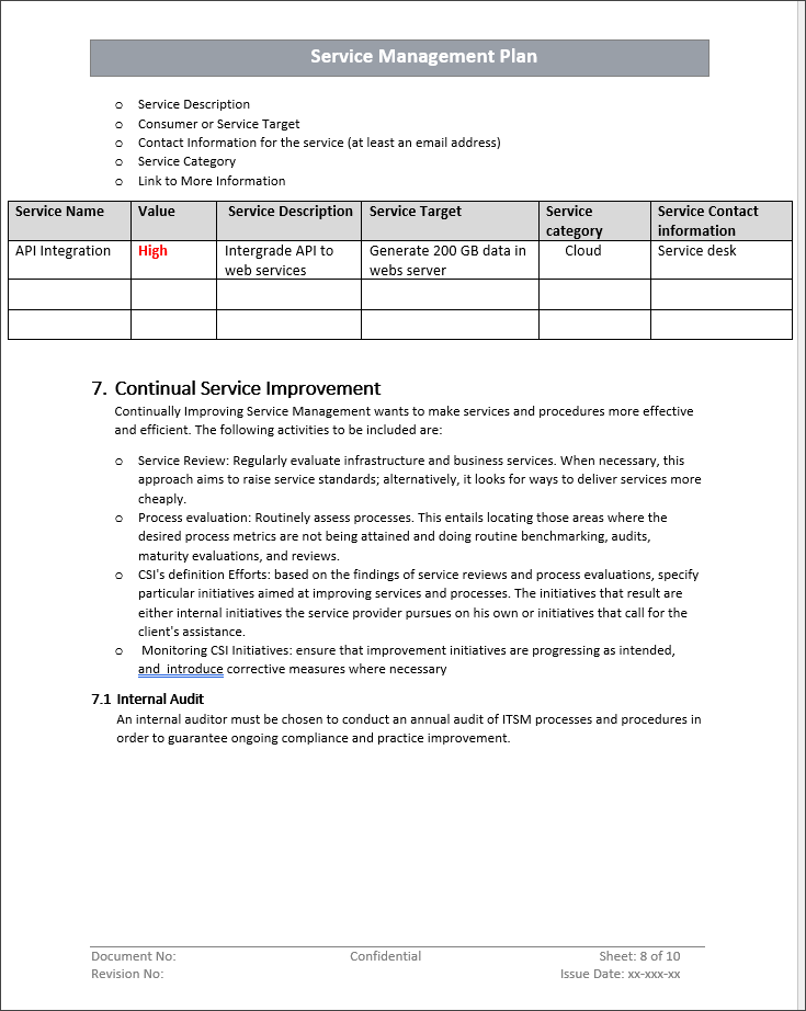 Service Management Plan, MS word