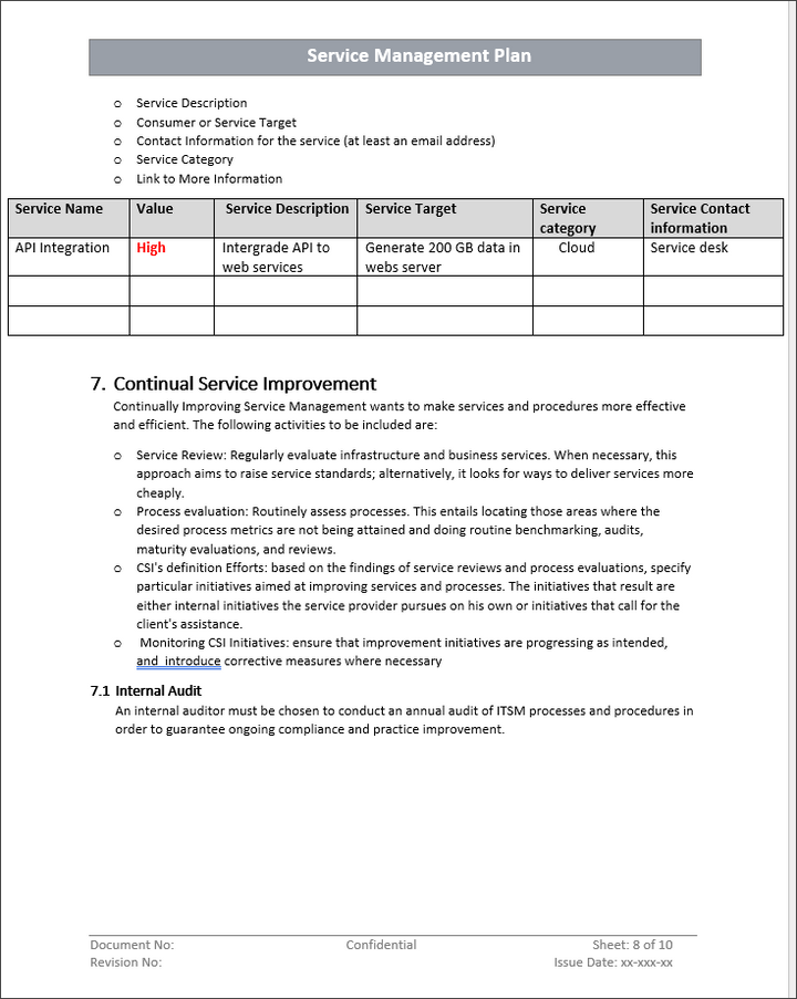 Service Management Plan, MS word