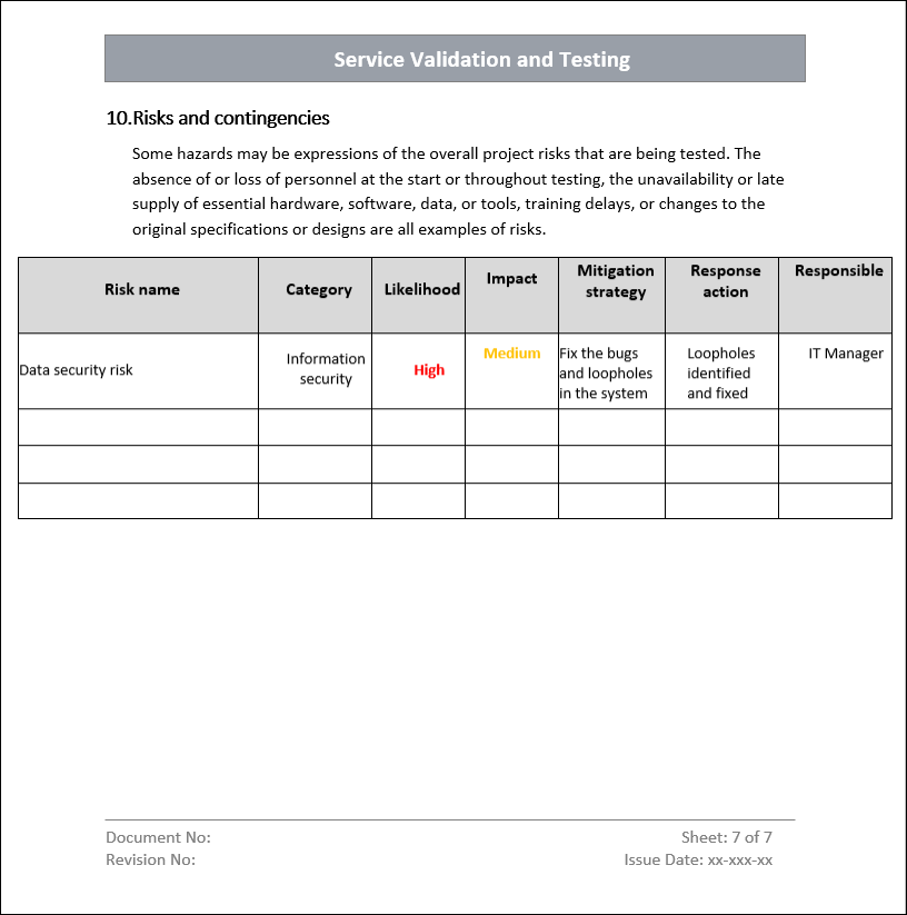 Service Validation and Testing Template Risks and contingencies