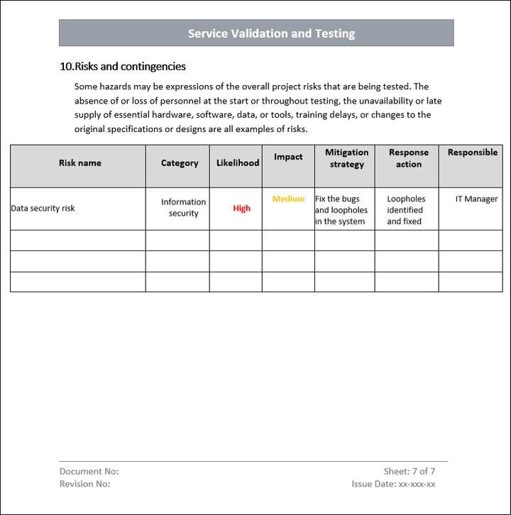 Service Validation and Testing Template Risks and contingencies