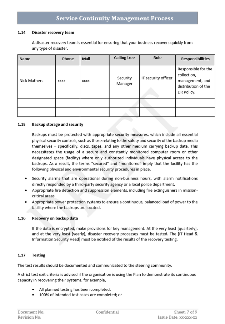 Service Continuity Management Process Template Word