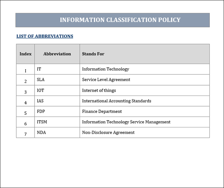 information classification policy, information classification, information classification template