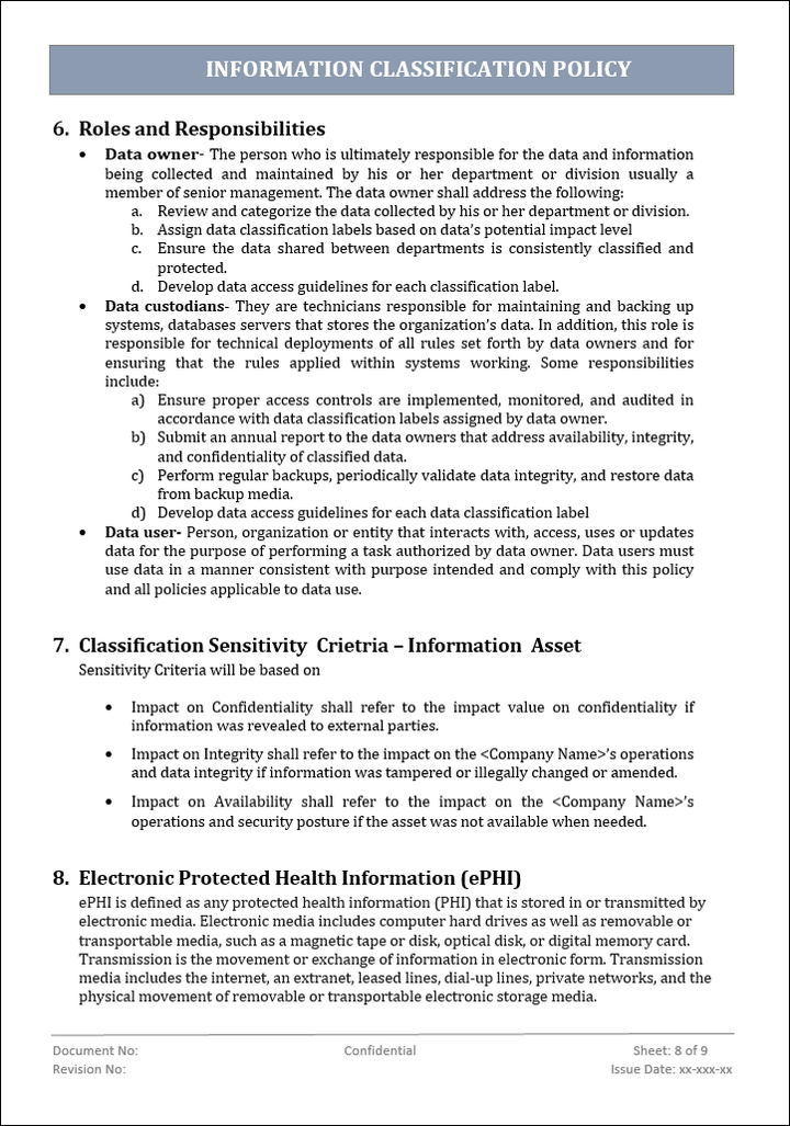 information classification policy, information classification, information classification template