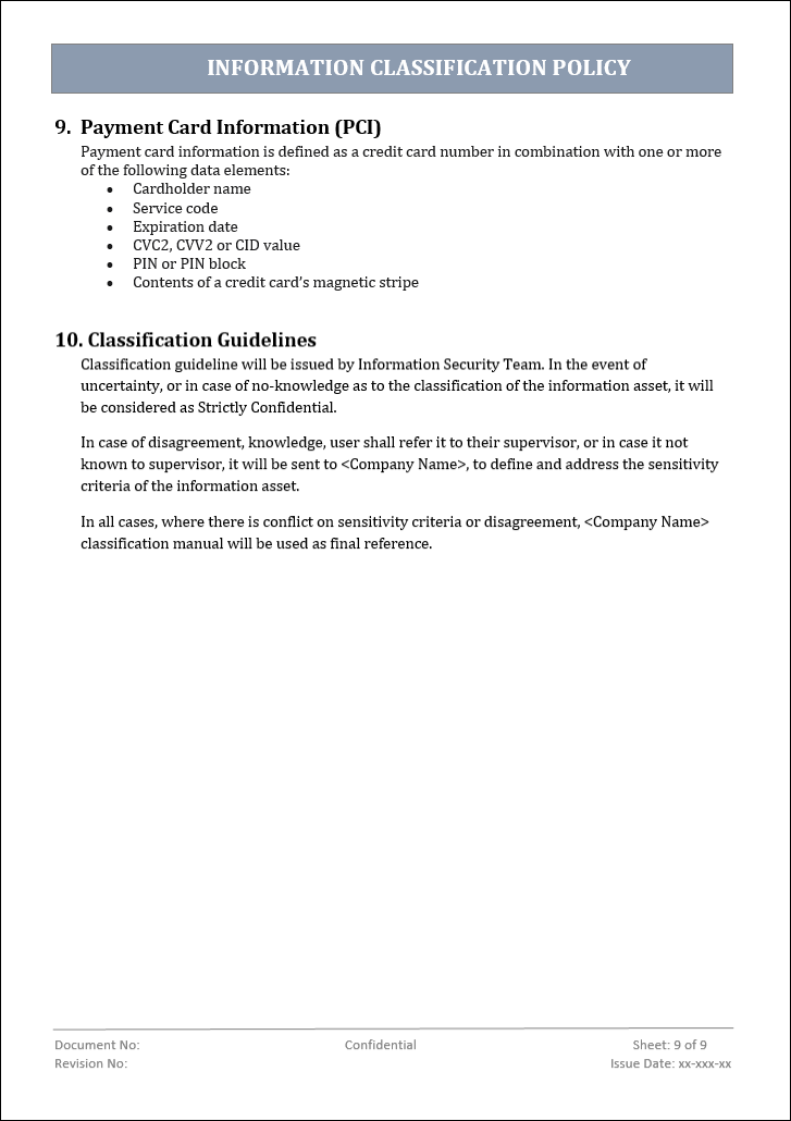 information classification policy, information classification, information classification template