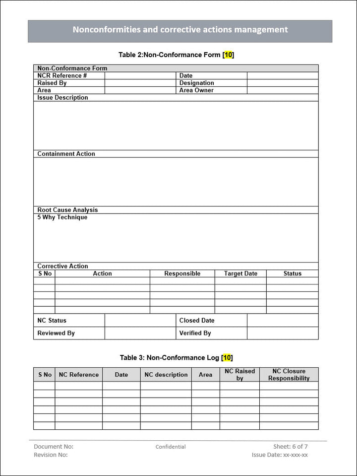 nonconformities and corrective actions management, nonconformance form