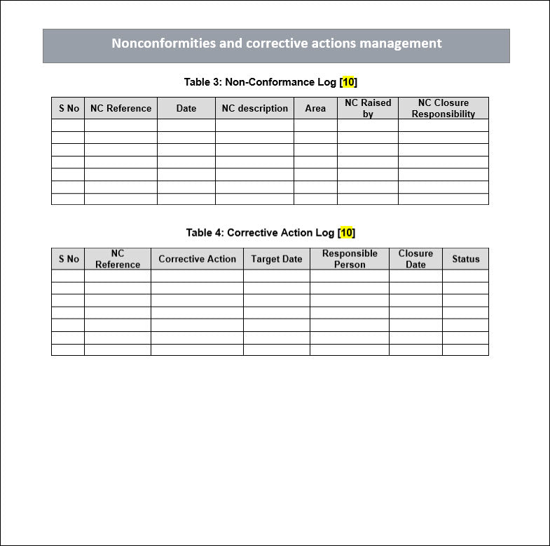 Nonconformance log, corrective action log